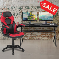 Flash Furniture BLN-X10D1904L-RD-GG Gaming Desk and Red/Black Racing Chair Set /Cup Holder/Headphone Hook/Removable Mouse Pad Top - 2 Wire Management Holes